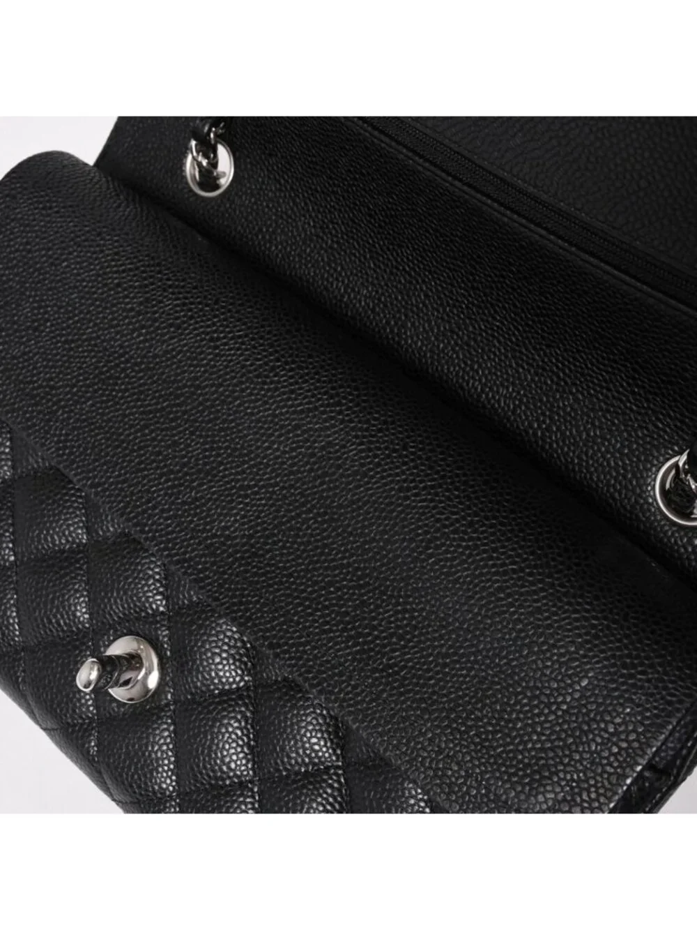 Chanel Quilted 25 Double Flap Chain Shoulder Bag CC Logo Caviar Leather Black
